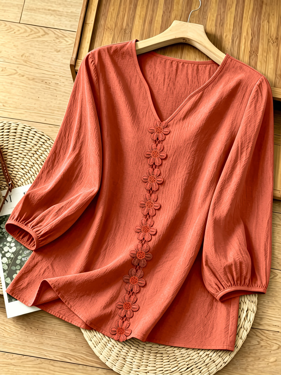 French-Style Gentle Textured Shirt with V-Neck, Lace Floral Design, Lantern Sleeves, Loose Fit, Relaxed Style, Versatile Daily Top - Watermelon Red