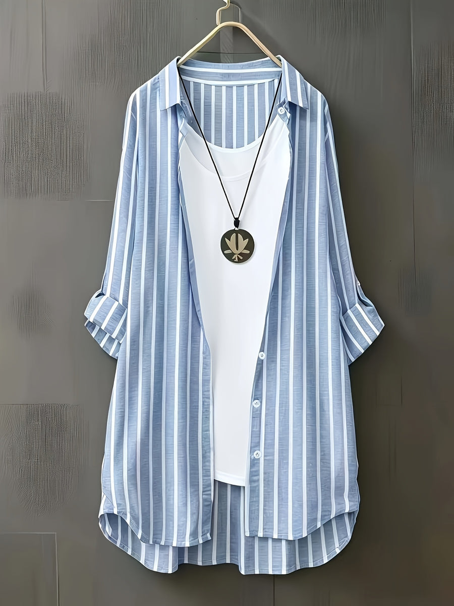 Targeted Development Women'S Long Sleeve Casual Striped Shirt, Suitable for Spring And Autumn - Blue And White