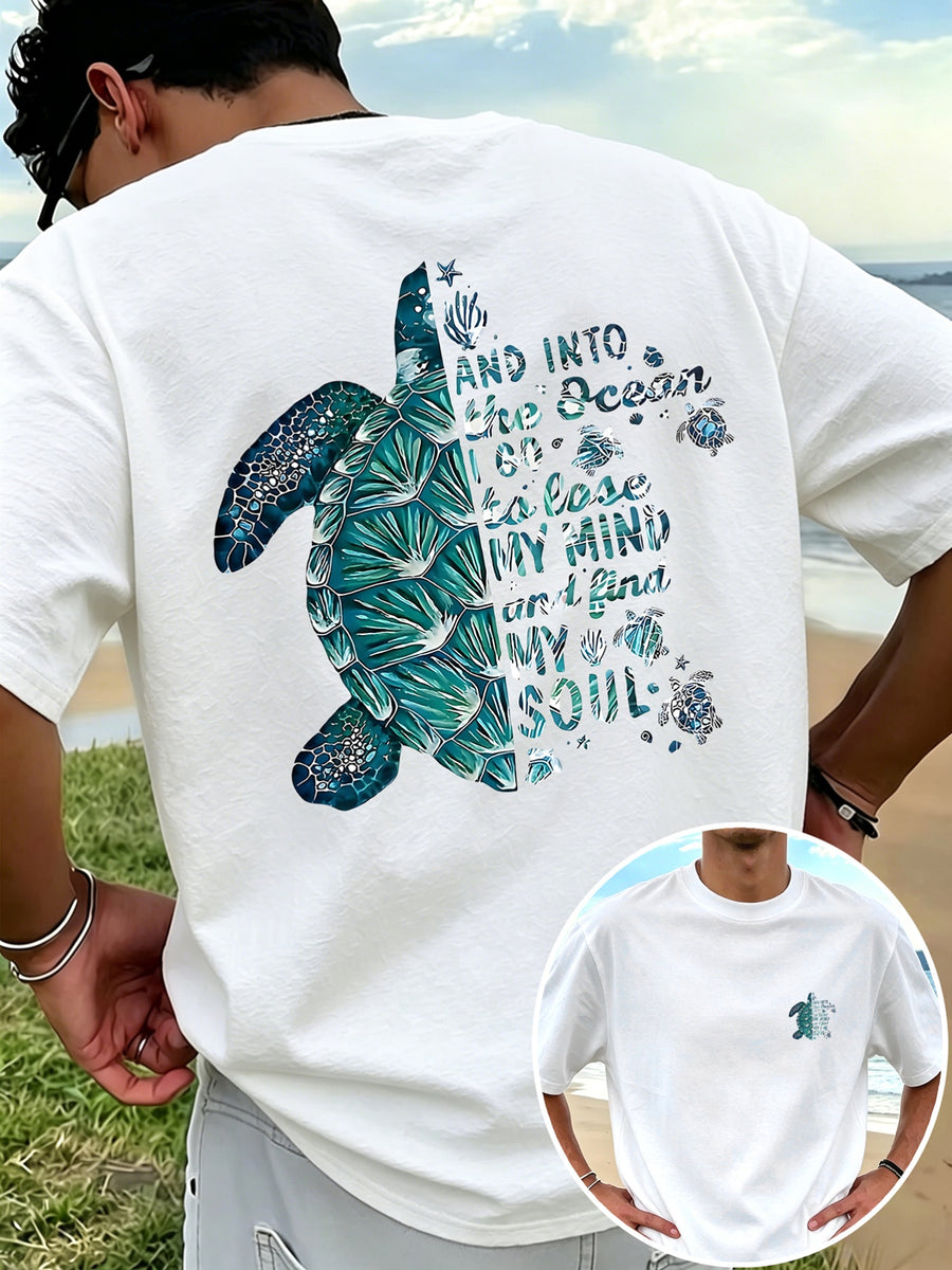 New Men'S 100% T-Shirt with Turtle Print, Comfortable And Breathable for Summer Casual Vacation - White