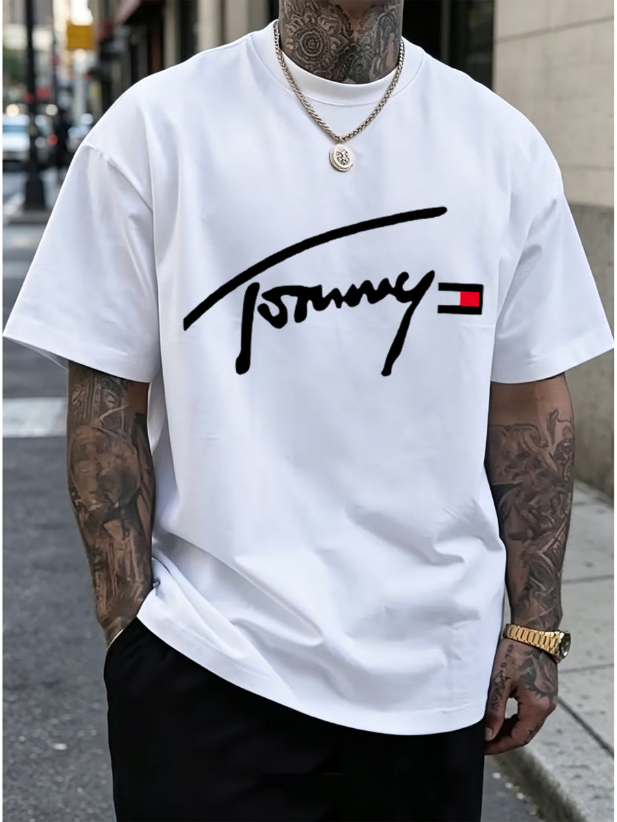 Tommy Handwritten Signature with Block Logo Print Crew Neck Short Sleeve Men's American Streetwear Casual Half-Sleeve Top - White