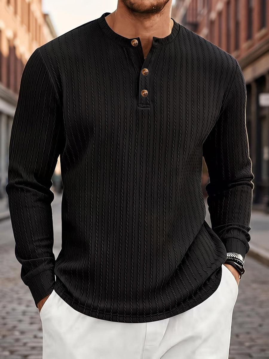 1pc Men's Casual Jacquard Henley Shirt, Autumn/Winter Stretchy Striped Jacquard Textured Fabric Long-Sleeve Polo Shirt, Outdoor Sports Versatile Base Layer Top - Black