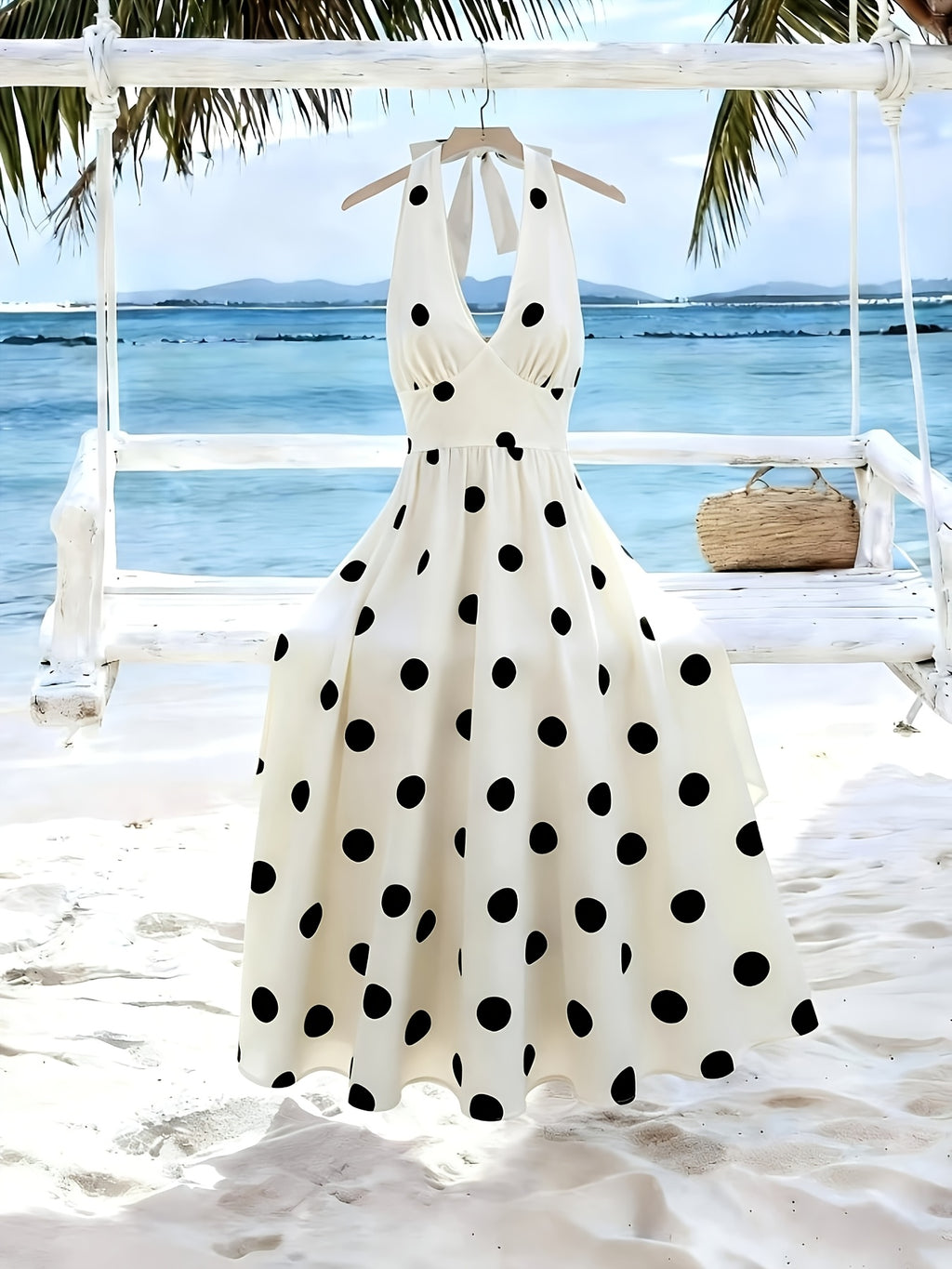 Women'S Retro Polka Dot Halter Neck Deep V Long Dress, Elastic Waist Flowing Full Skirt, Evening Beach Vacation Dress - Multicolor