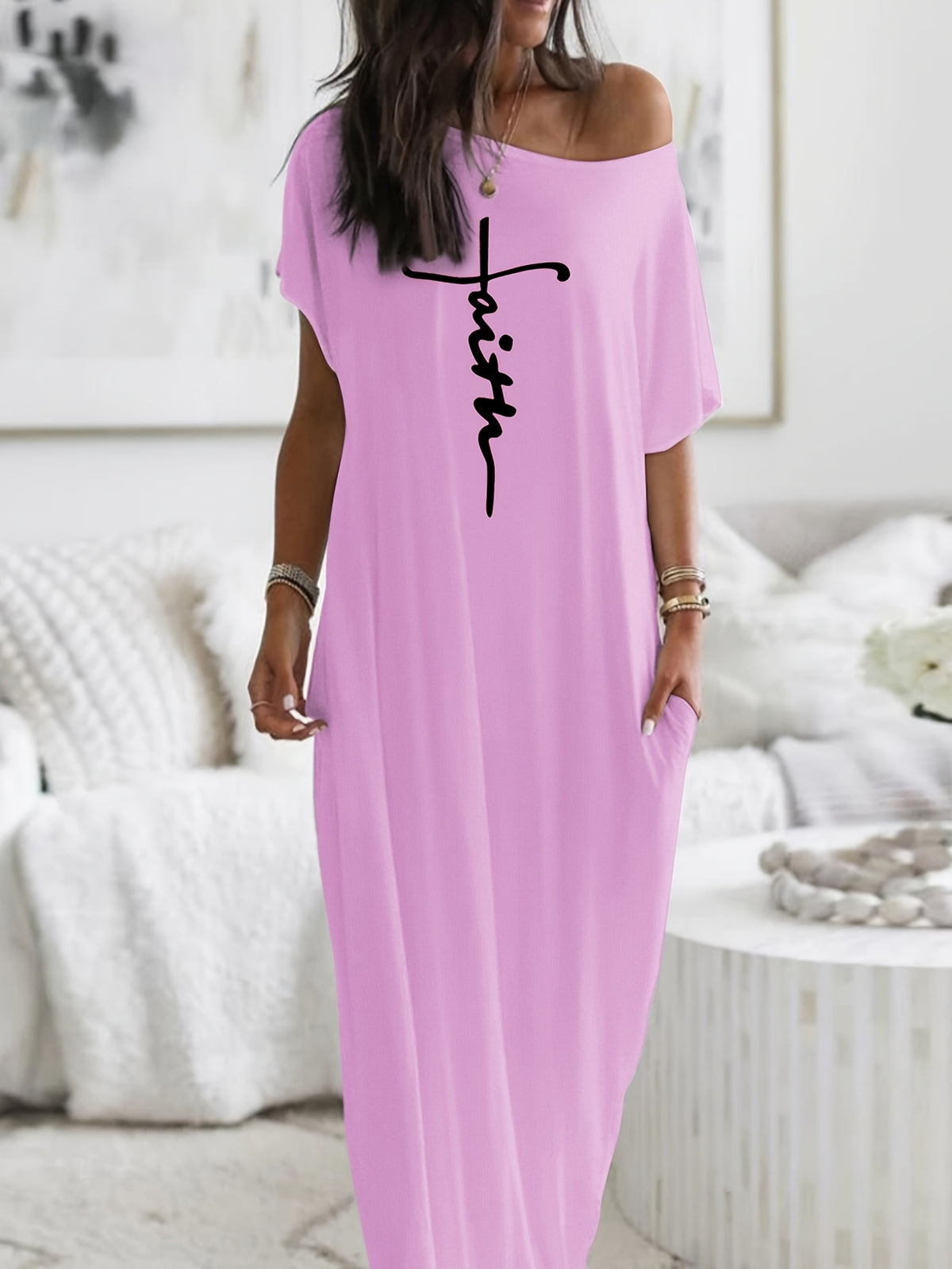 Faith Letter Off-The-Shoulder Pocket Dress Women'S Loose Casual Style Long T-Shirt Dress Features: Off-The-Shoulder Design Is Lazy And Casual, with a Easy And Eye-Catching "Faith" Letter Print on The Front; The Loose Long Style Hides Flaws And Slims - Light Purple