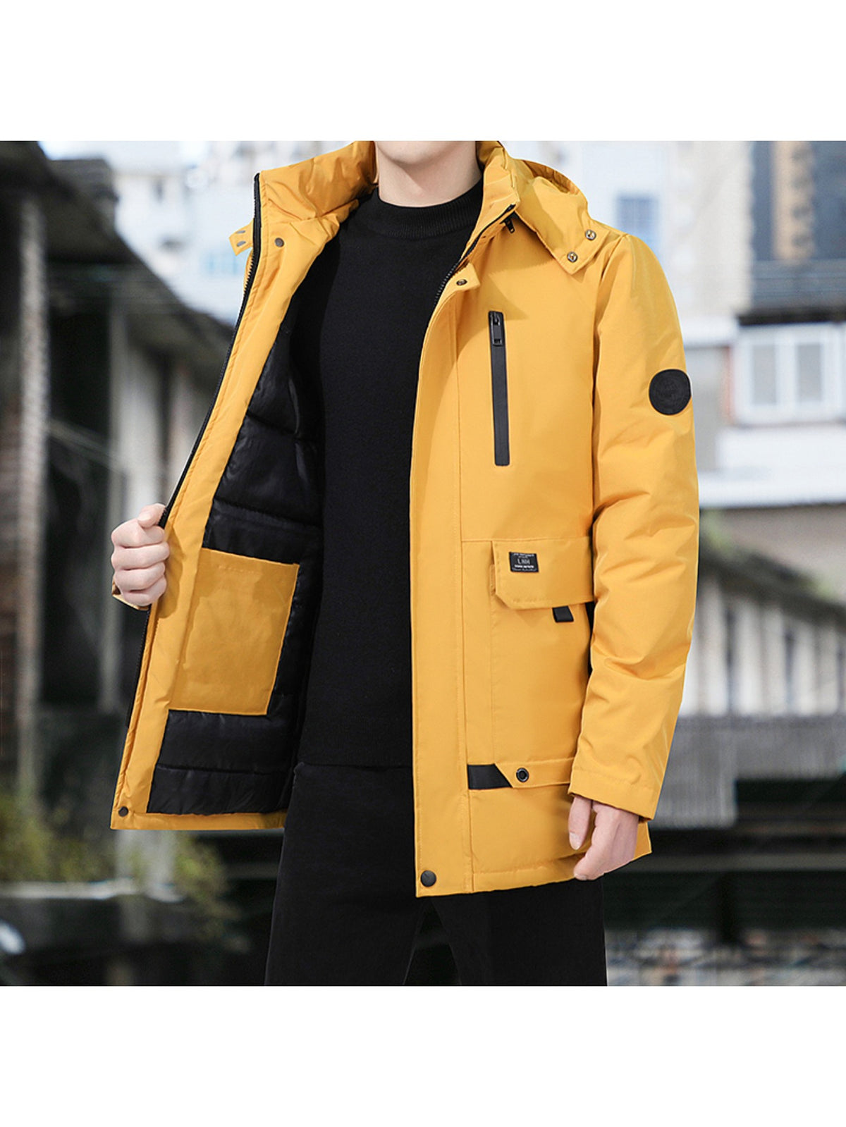 Men'S Winter Padded Coat Detachable Hood Thickened Warm Casual Jacket Long Sleeve Quilted Fleece Lined Insulated Outerwear Youth Style - Yellow