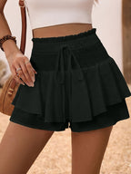 Women's Fashionable Wave-textured Fabric Belted Ruffle Asymmetrical Hem Casual Shorts, Suitable for Easter, Labor Day, Birthdays, Leisure, Beach, Travel, and Spring/summer Wear. Zzy Spring/Summer - Black