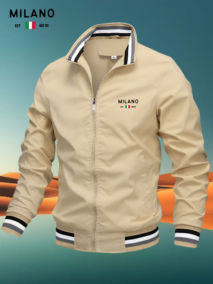 Men'S Versatile Casual Milan Element Stand-Up Collar Baseball Jacket, Contrast Ribbed Design, Windproof And Stiff, Spring Autumn Daily Commute Casual Versatile Top - Khaki