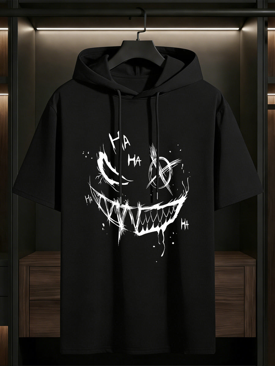 Men's Hooded Short-Sleeve Dark Graffiti Joker Print, a Summer Essential for Men. Features a Comfortable Patterned Print, Suitable for Multiple Occasions, and Is the Top Choice for Fitness and Outdoor Sports Enthusiasts - Black