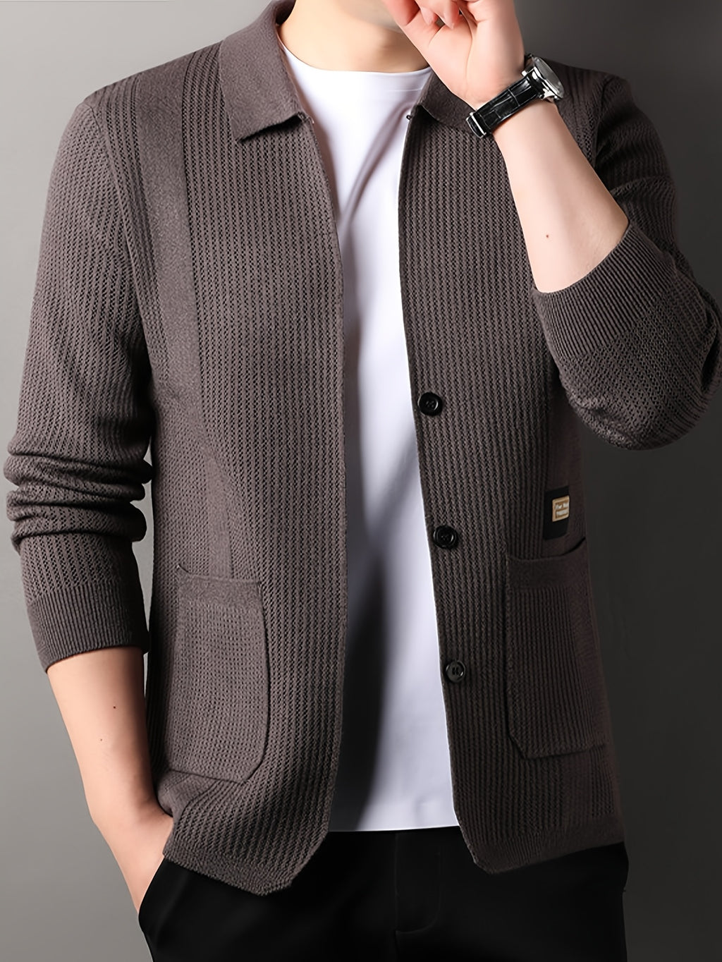 Men's Lapel Vertical Stripe Knit Cardigan Jacket, featuring a light business style with a mature and steady vibe, yet incorporating a sense of casualness. Flattering on all body types, suitable for men - SINBOS - Coffee Color