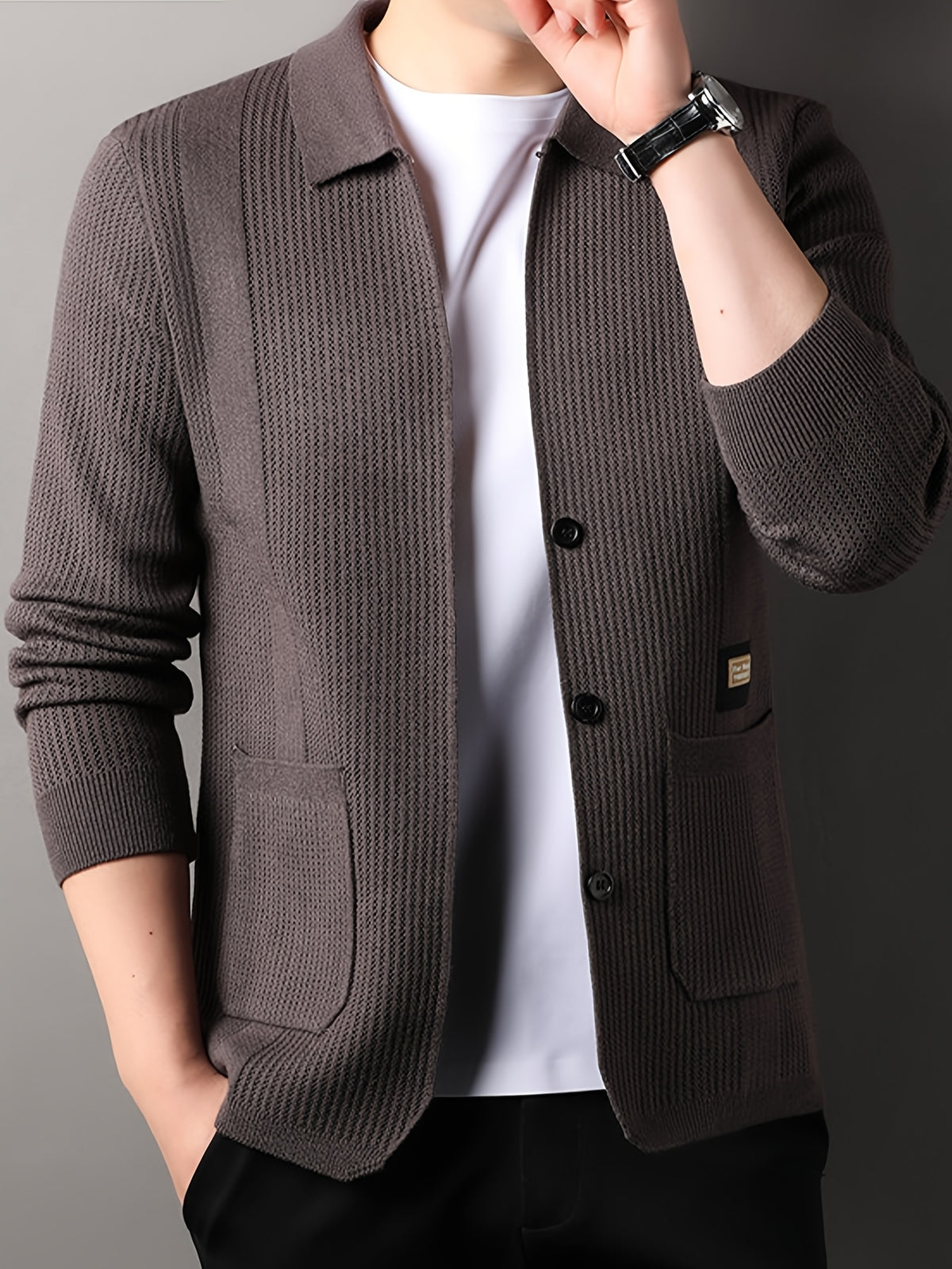 Men's Lapel Vertical Stripe Knit Cardigan Jacket, featuring a light business style with a mature and steady vibe, yet incorporating a sense of casualness. Flattering on all body types, suitable for men - SINBOS - Coffee Color