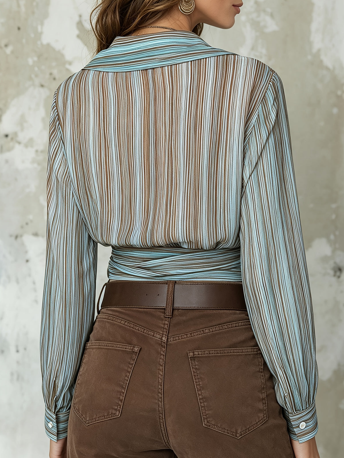 Vintage Striped Chiffon Shirt with One-sided Tie Detail - Peacock Blue