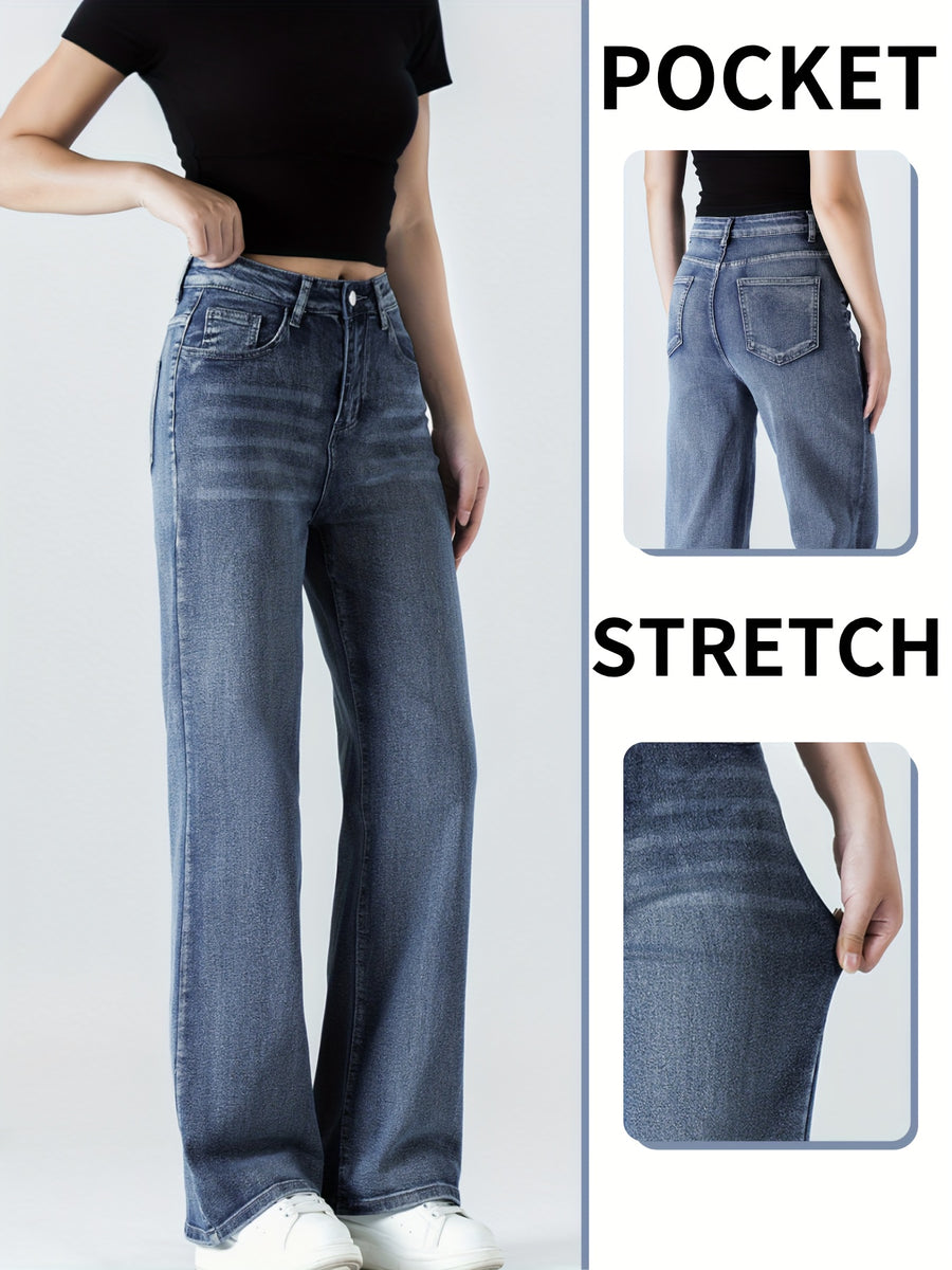 Women's Stretch Pants - Washed Blue Straight-Leg Full-Length Jeans with Built-In Zipper Closure | All-Season Slim-Fit Trousers Suitable for Work, Travel & Weekend Parties | Elegant Special Line (Casual & Professional Wear) - Medium Blue