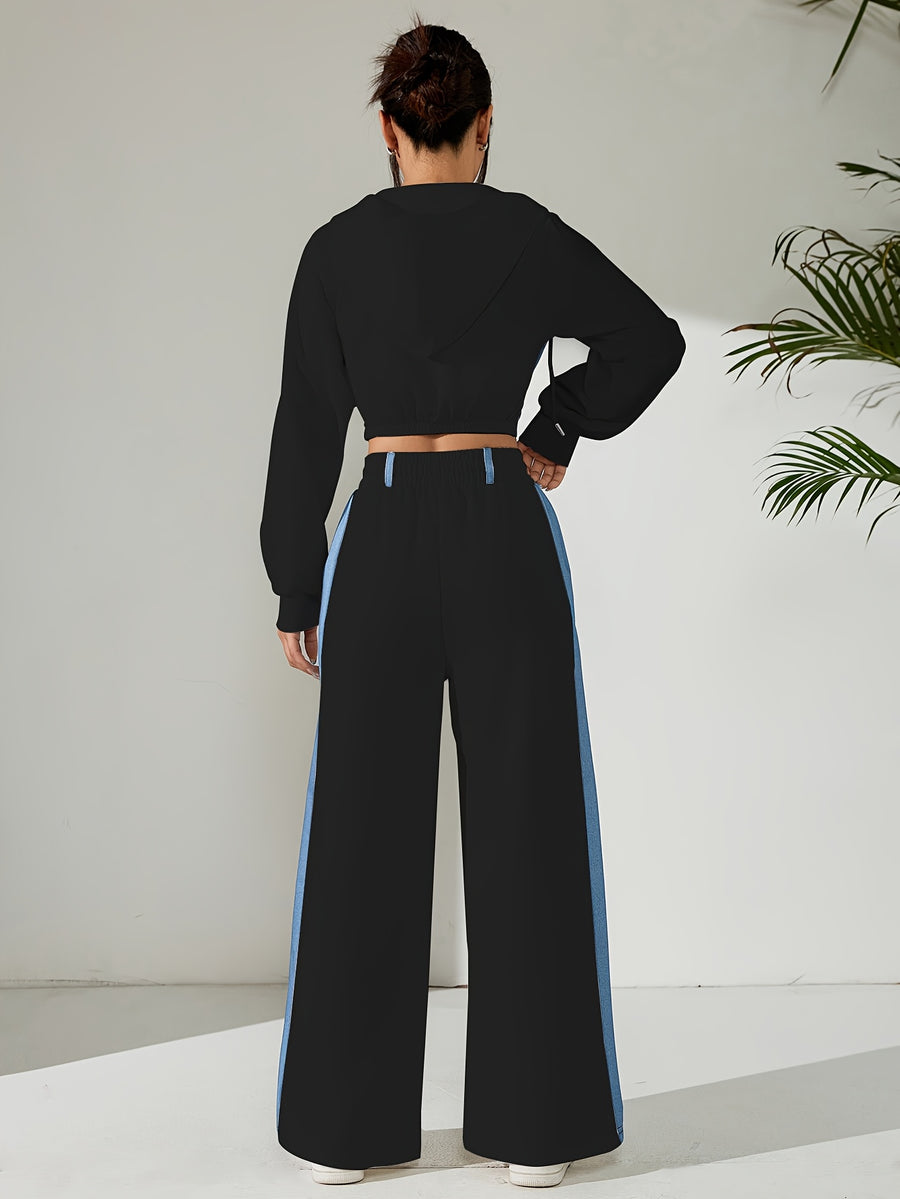 Women'S Suit Spring Long Sleeve Hooded Short Top And Long Pants Ladies Contrast Patchwork Elegant Two-Piece Set Autumn Casual Wear - Black