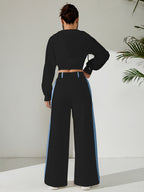 Women'S Suit Spring Long Sleeve Hooded Short Top And Long Pants Ladies Contrast Patchwork Elegant Two-Piece Set Autumn Casual Wear - Black