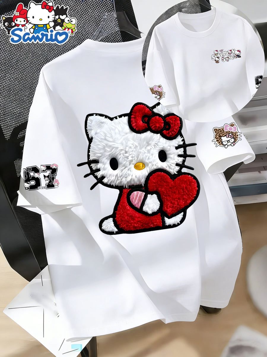 Women'S Round Neck 100% Short Sleeve T-Shirt, Hello Kitty Classic Red Bow Heart Pattern Cartoon Print Design, Casual Comfortable Everyday Versatile Short Sleeve Tee, Women'S Fashion Trendy Spring Summer Fall Casual Short Sleeve Top, Home Party Wear - White