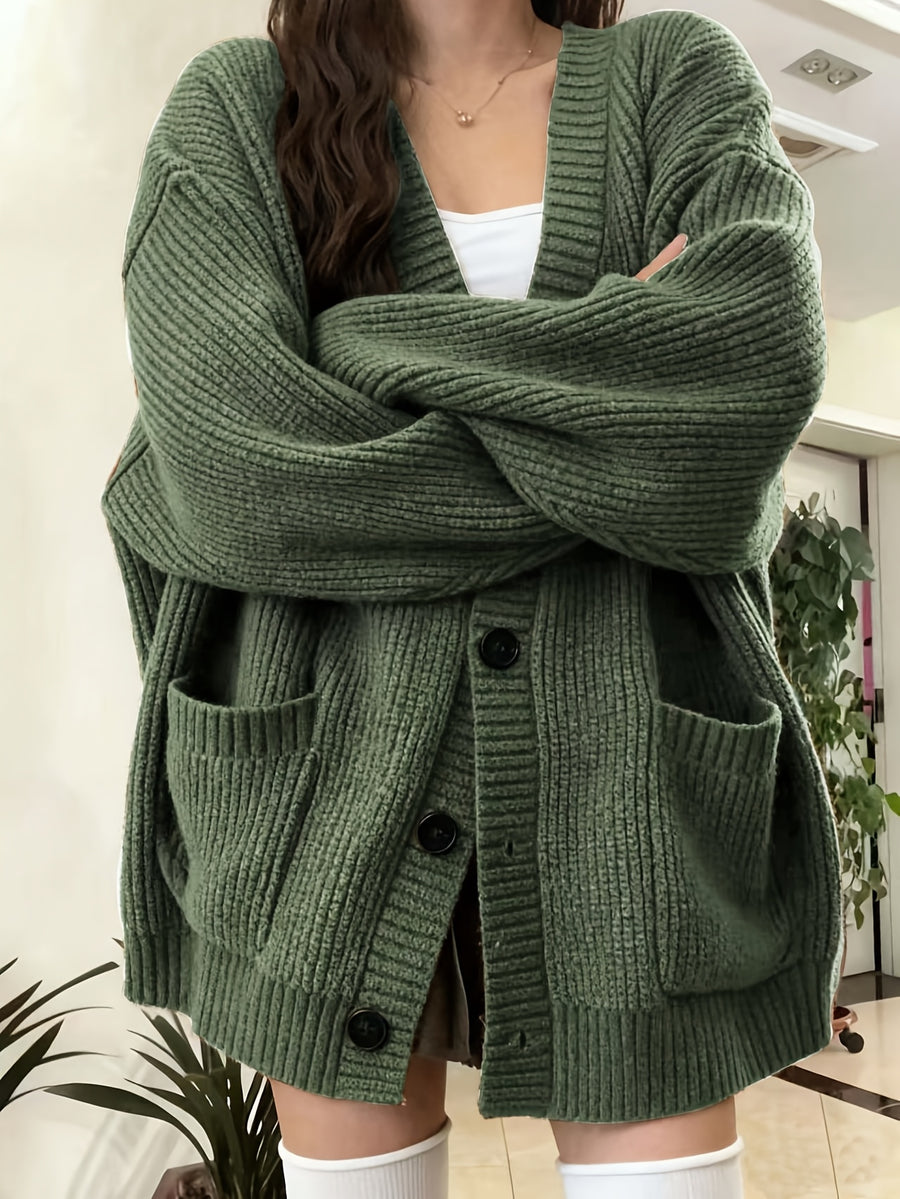 Button Front Cardigan With Patched Pocket, Casual V Neck Solid Color Ribbed Drop Shoulder Cardigan For Fall & Winter, Women's Clothing - Green
