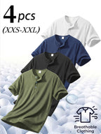 4pcs Men'S Henry Shirt Short Sleeves, Waffle Casual T-Shirts, Breathable Lightweight Summer Tops, Moisture-Wicking Summer Shirts, Gym Training Short-Sleeve Shirts - Black + Navy Blue + White + Matcha Green
