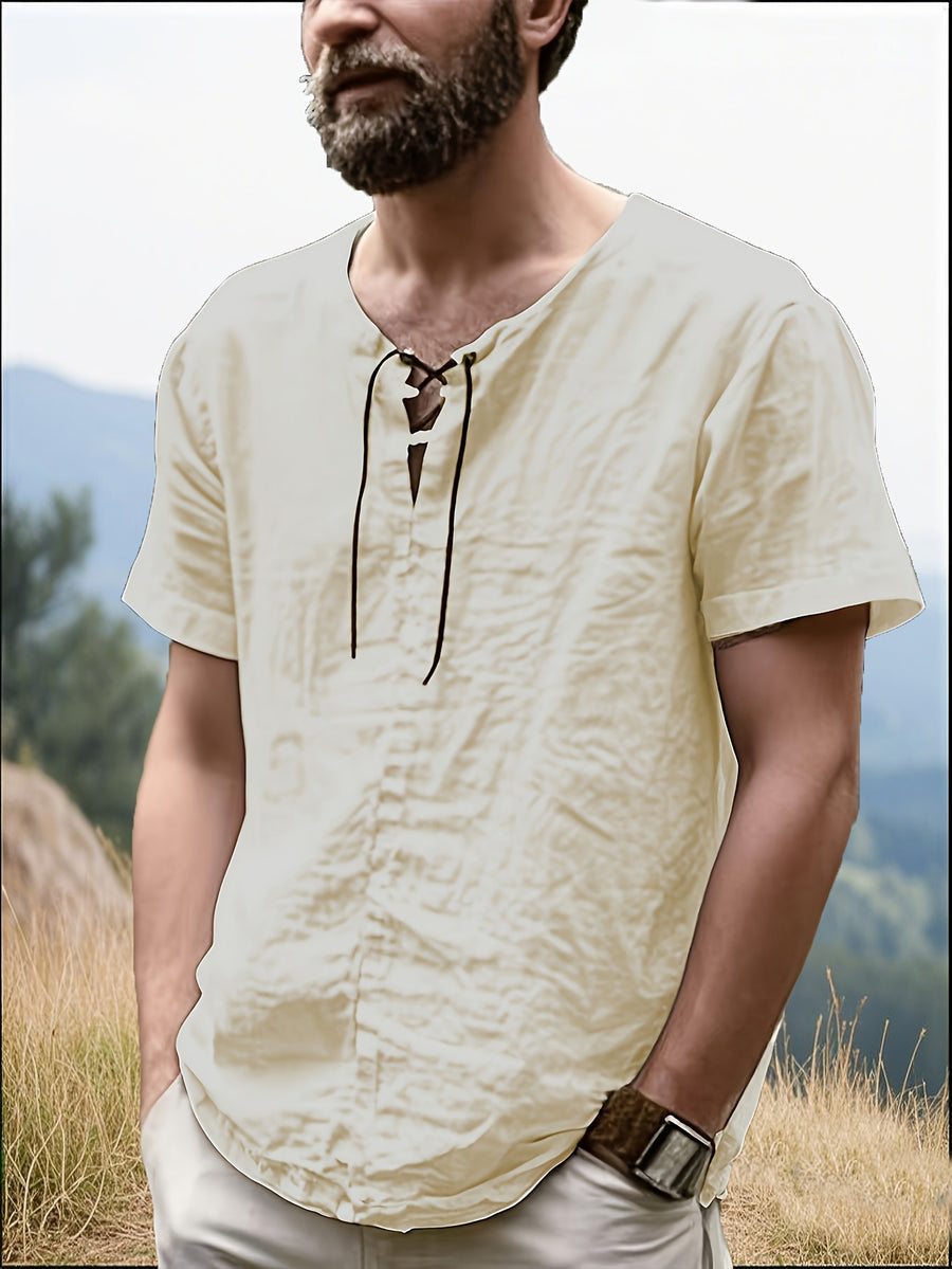 Men's Casual T-Shirt, Versatile Summer Short-Sleeve Top, Fashionable Solid Color Sweatshirt, Crew Neck with Drawstring Design - Lightweight and Breathable, Machine Washable, Suitable for Daily Wear and Outdoor Leisure - Khaki