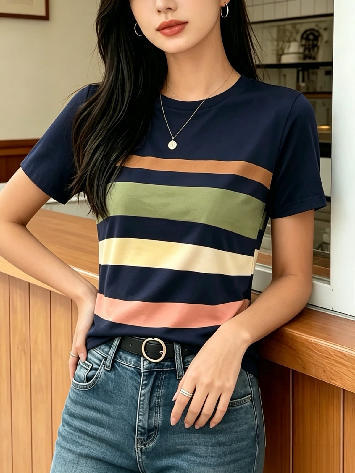 [Printed Design Texture] Women'S Korean-Style Blogger'S Colorful Striped T-Shirt, a Versatile Basic Short-Sleeve Top That Flatters The Figure And Is Suitable for All Body Types, a New Summer 2026 Model for Commuting And Casual Wear - Mixed Color 4