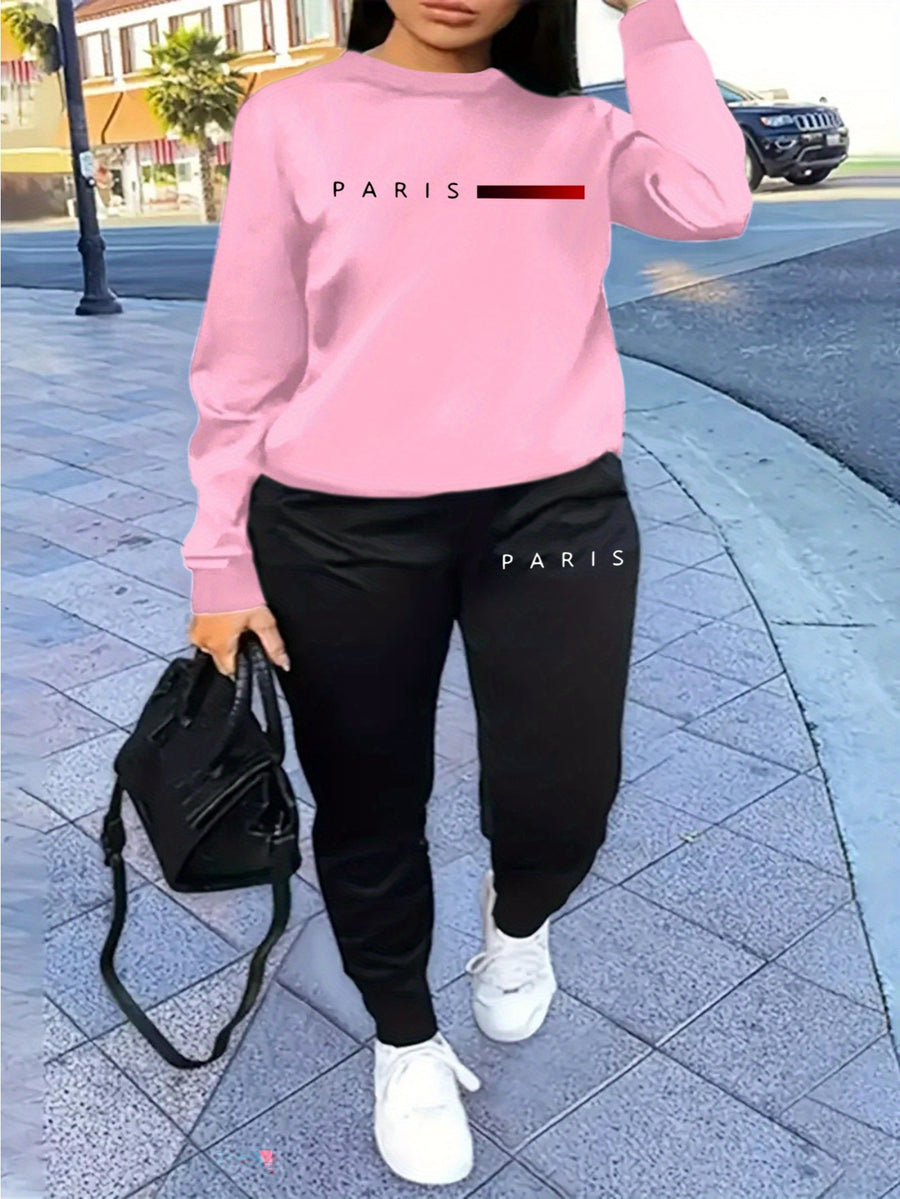 Women's Casual Tracksuit Set, Fashionable Paris Letter Print Long Sleeve Sweatshirt & Joggers Pants Outfit - Pink Color