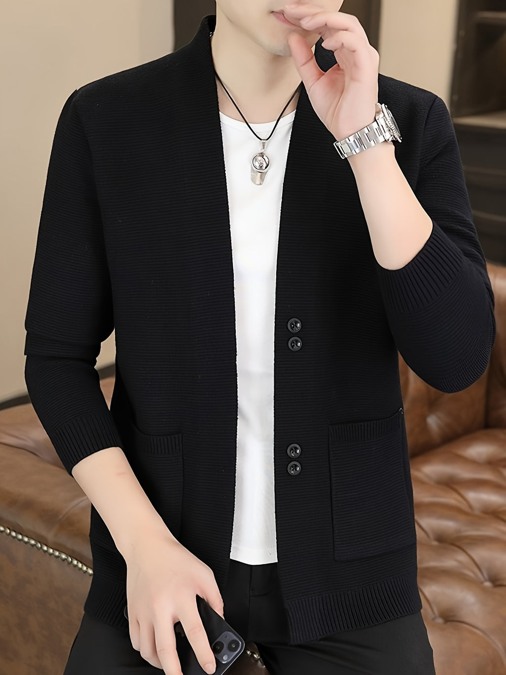 [Dulinglan OBM] Spring/Autumn New Men'S Knit Cardigan, Old Money Style Solid Striped Open Collar V-Neck Knit Cardigan Men'S Business Casual Fashion Open Collar Knit Sweater Top, Suitable for Spring, Autumn, Layering Or Outerwear - Black
