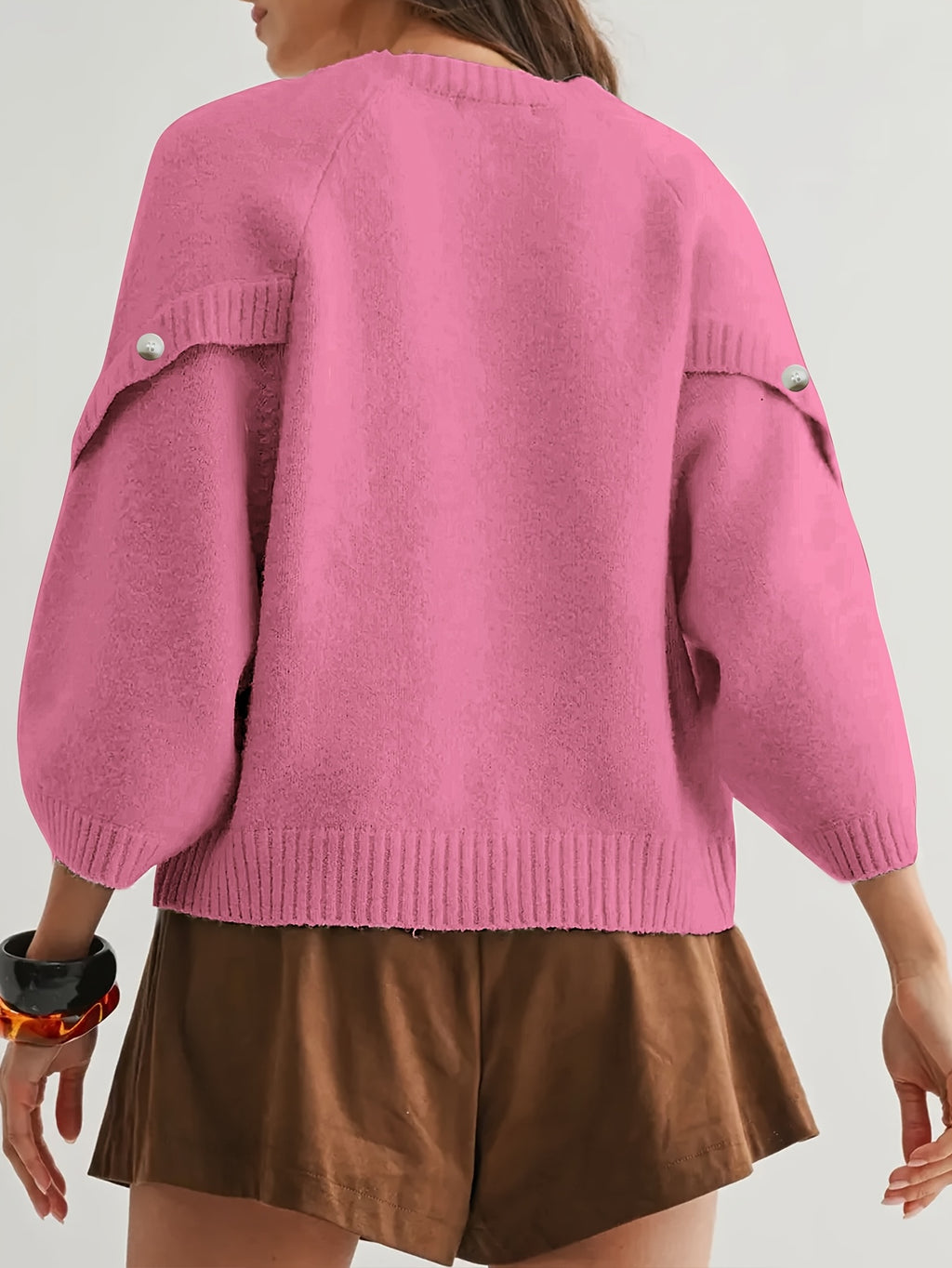 Women'S Round Neck Batwing Sleeve Pullover Sweater, Autumn Casual Regular Soft Solid Short Length 3/4 Sleeve Top, Side Slit Button Detail Daily Commute Base Layer (Prefer Loose Fit, Recommended Size Up) - Rose Pink