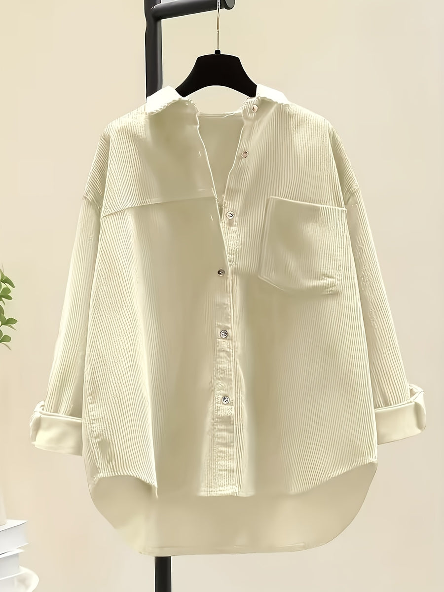 Plus Size, Women's Plus Size Corduroy Button-Front Shirt Jacket - Elegant Loose Fit Blouse, Spring Summer Fall Casual Outerwear, Machine Washable Layering Piece for to Weekend (No Bulk) - Milky