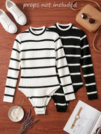 Spring/Autumn 2pcs Set Niche Design Long Sleeve Striped Jumpsuit Women'S Striped Combination Half Turtleneck Slim Base Layer Outerwear Inner Wear Jumpsuit - White and black stripes + black and white stripes