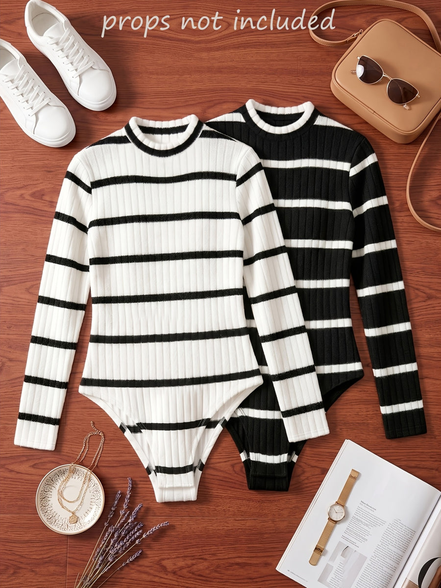 Spring/Autumn 2pcs Set Niche Design Long Sleeve Striped Jumpsuit Women'S Striped Combination Half Turtleneck Slim Base Layer Outerwear Inner Wear Jumpsuit - White and black stripes + black and white stripes