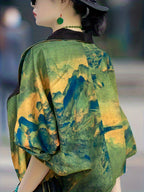 New Stylish Casual Ink Wash Printed Reversible Loose-Fitting Long-Sleeve Short Women'S Jacket - Yellow-green