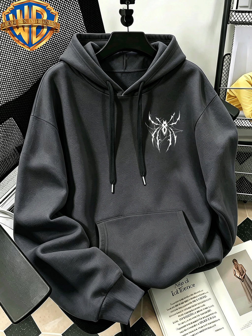[Warner Bros. Official] Autumn/Winter Streetwear Fashion Men's Drawstring Pocket Hooded Sweatshirt, Dark Gothic Thorn & Cobweb Street Style Cool Print Design, Sporty Loose Fit Hoodie, for Daily Casual Wear, Men's Trendy Fashion, Suitable for Home - Dark Gray