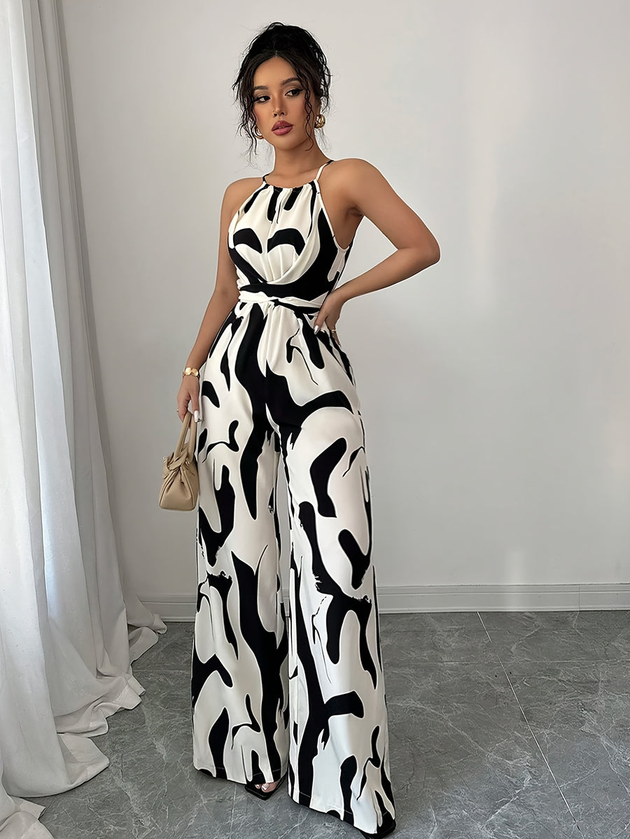 Fashion Women'S Printed Fabric Ruffled Jumpsuit, with Halter Neck, Elegant for Holiday And Daily Wear - Mixed colors