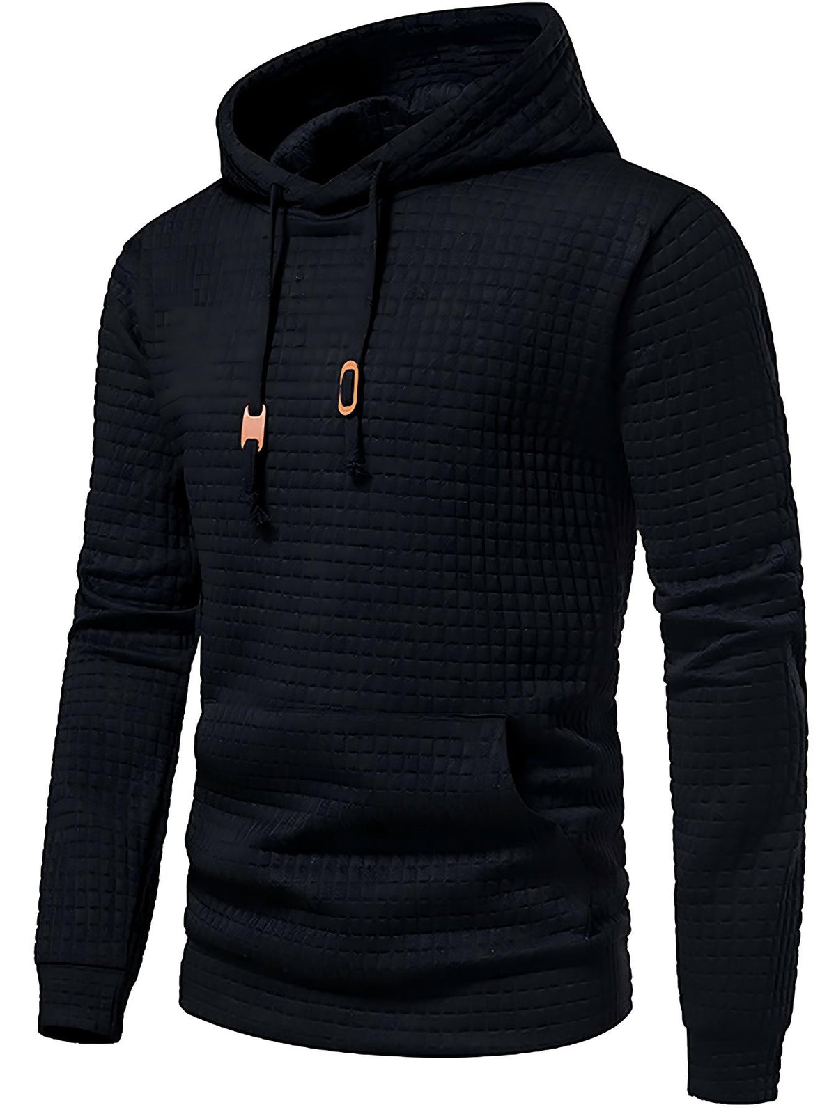 Waffle Pattern Solid Color Hoodie Men Cool Hoodie No Pocket Design Spring Autumn Men Casual Pullover Hooded Sweatshirt Street Trend Style Plus Size - Black