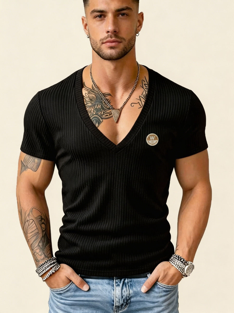 Versatile Vertical Stripe Short-Sleeve T-Shirt for Men, Deep V-Neck Textured Slim Fit Top for Commuting and Fitness - Black 1