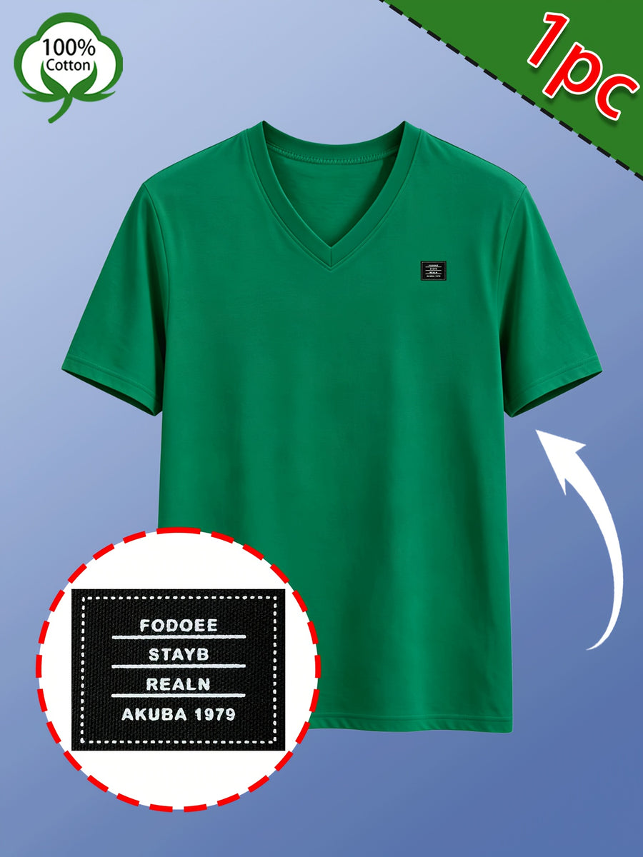 Men's Casual 100% Cotton V-Neck T-Shirt, Summer Sports Short-Sleeve Top, Plain Weave Knit with Distinctive Design, Durable and Pilling-Resistant, Pure Cotton Soft, Breathable, and Refreshing Without Feeling Stuffy, Comfortable, High-Quality - Green