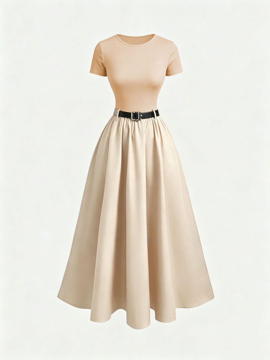 Round Neck Short Sleeve Dress with Belt, Temperament And Beauty, Women'S Spring Summer New Women'S Clothing, Most Frequently Purchased Women'S Clothing by Koreans, Casual Elegant Women'S Clothing, Hot Styling, Women'S Dress, Summer Clothing, Summer - Apricot