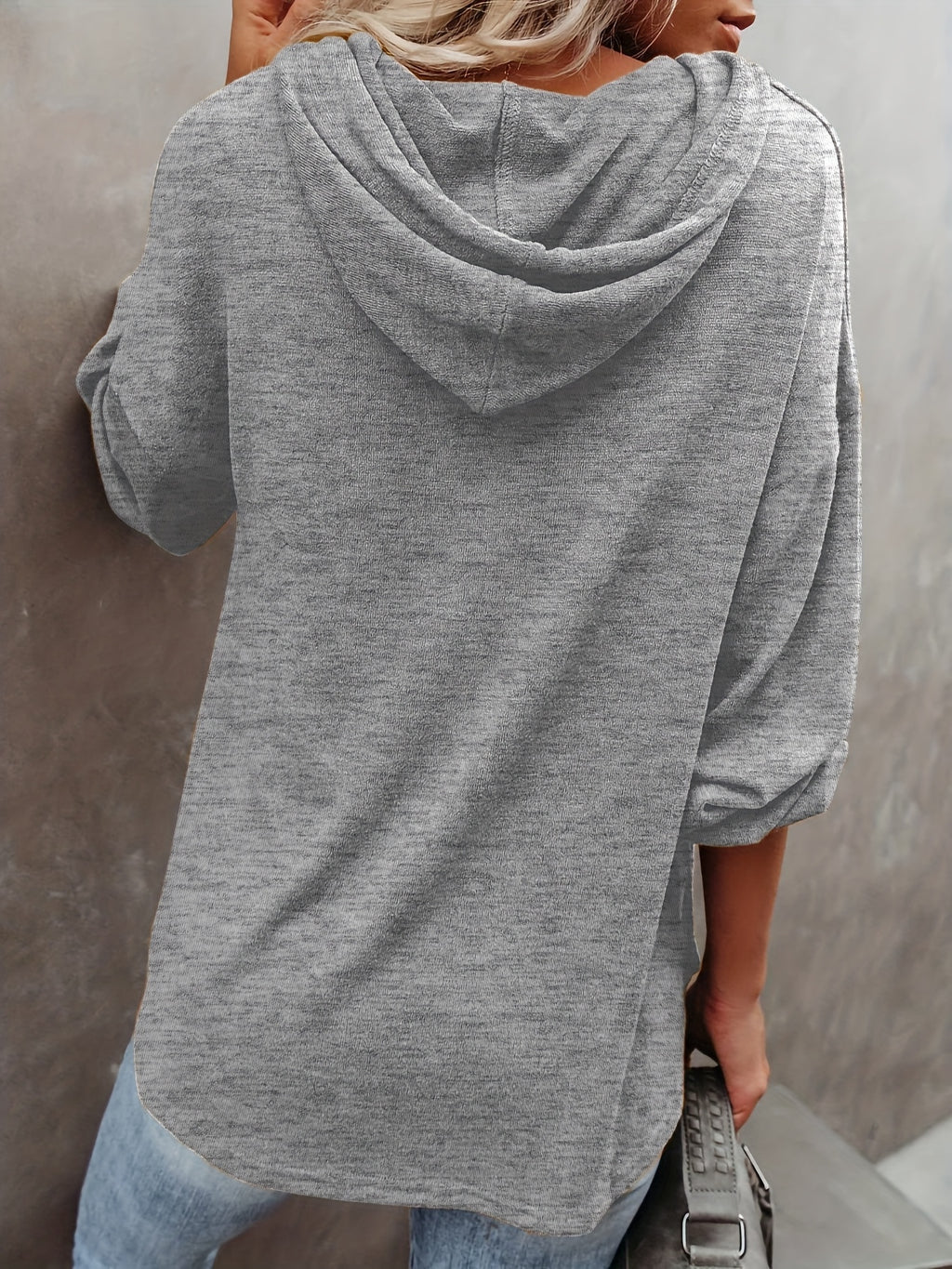 New Autumn/Winter Women's Fashion Hoodie, Casual Loose Pullover with Drawstring, Solid Color Long Sleeve, Relaxed Style Mid-Length Hooded Sweatshirt - Grey