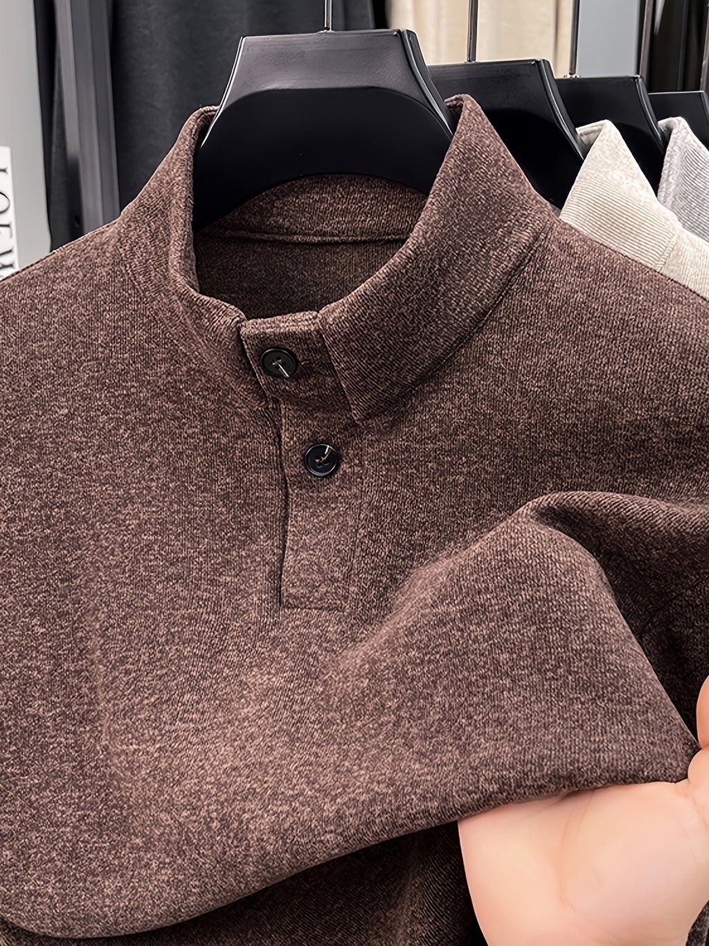 Men's Floral Yarn Stand Collar Long Sleeve Top, Multi-Color Options for Autumn, Half-Button Pullover Base Layer, Fine, Skin-Friendly, and Comfortable Fabric, Suitable for Business Commuting and Business Trips, Loose and Casual Men's Wear for Fishing - American Coffee