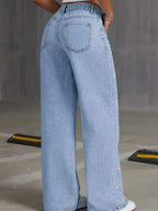 Women's Summer Trendy Daisy Embroidered Denim Wide-Leg Pants - Light Blue