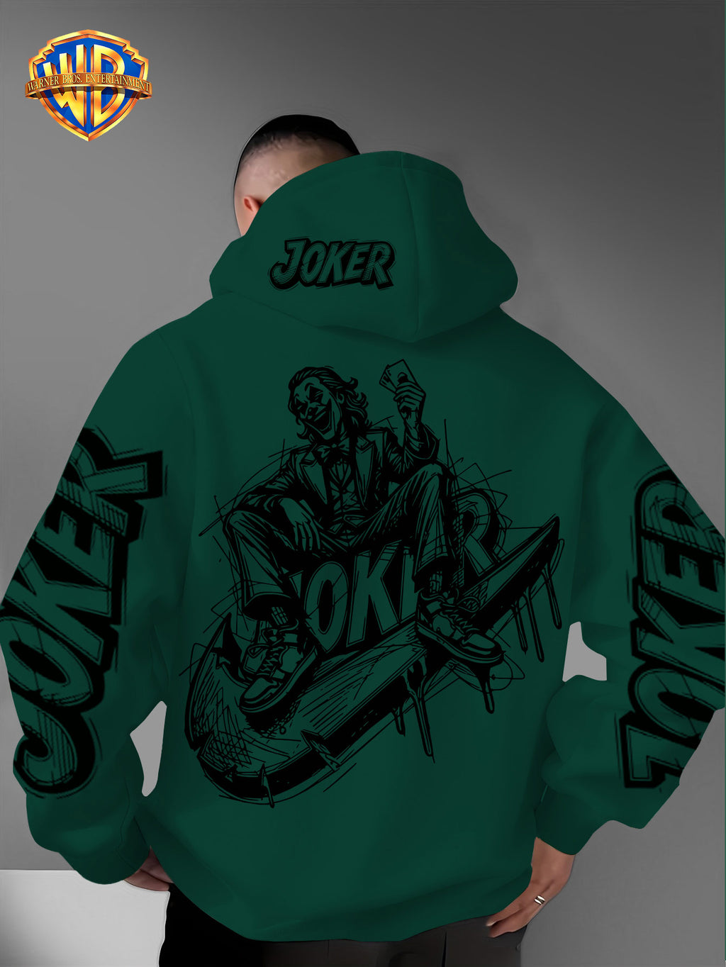Authorized by Warner Bros., Joker Graffiti Style Print, Hat Design Pattern, Multi-Functional Street Style Men'S Hoodie, Comfortable Casual, Suitable for Autumn And Winter - Green