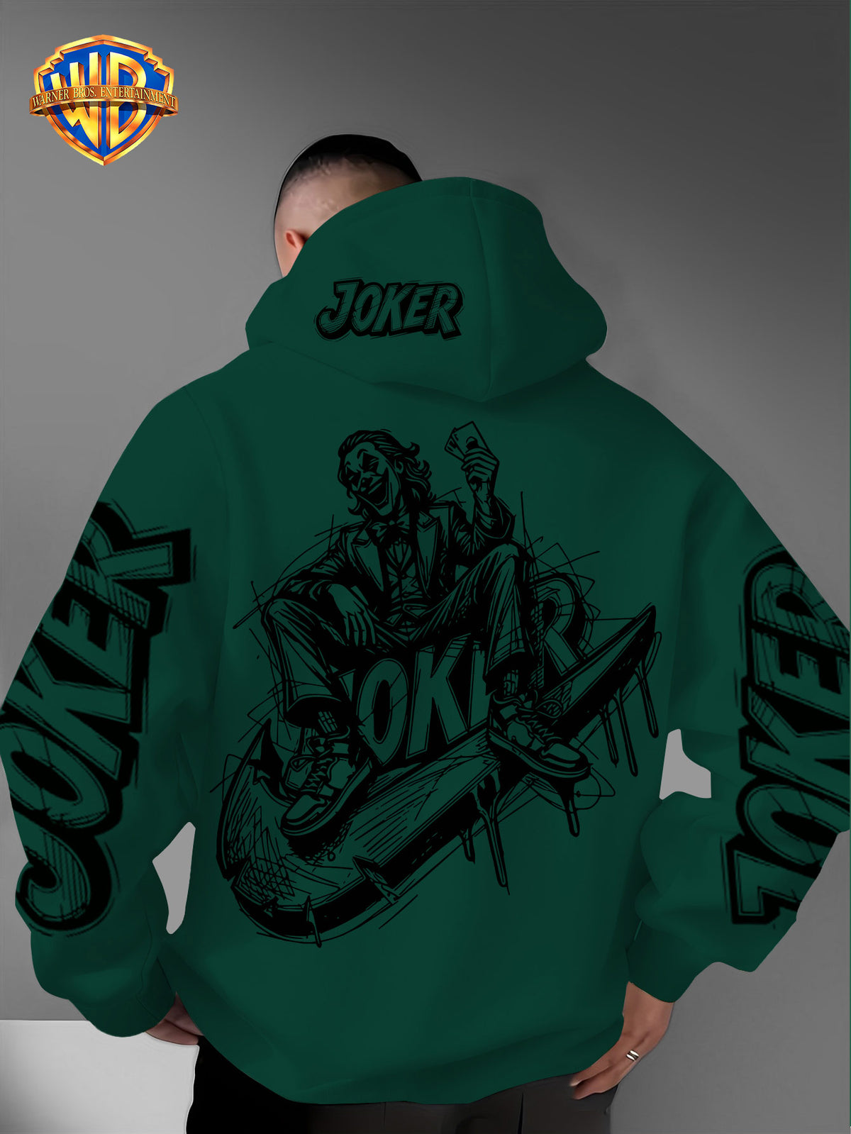 Authorized by Warner Bros., Joker Graffiti Style Print, Hat Design Pattern, Multi-Functional Street Style Men'S Hoodie, Comfortable Casual, Suitable for Autumn And Winter - Green