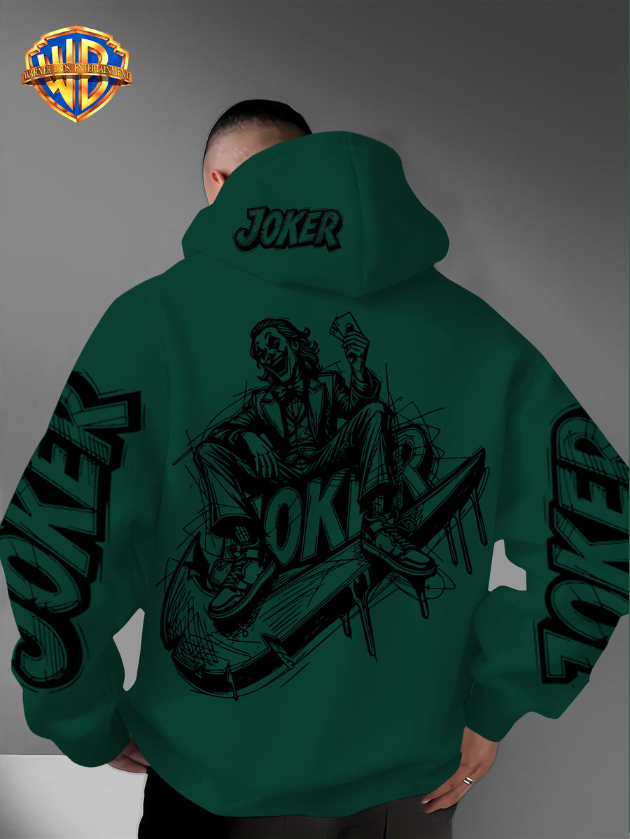Authorized by Warner Bros., Joker Graffiti Style Print, Hat Design Pattern, Multi-Functional Street Style Men'S Hoodie, Comfortable Casual, Suitable for Autumn And Winter - Green