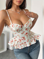 Ins Western Style Spring Summer Floral Irregular Ruffled Light New Sexy Backless Lace-Up Bustier 71027 - Multicolor