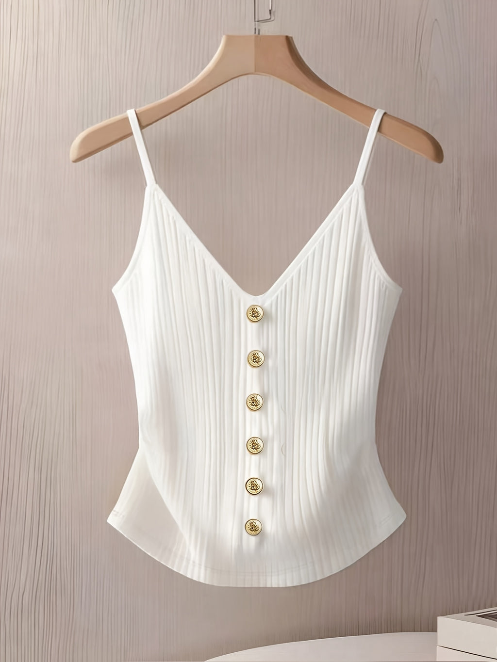 Elegant and Stylish New Summer Adult Solid Color Thin Strap V-Neck Button Decoration Waist-Cinching Slim-Fit Versatile Casual Women's Camisole ZLLZ - White