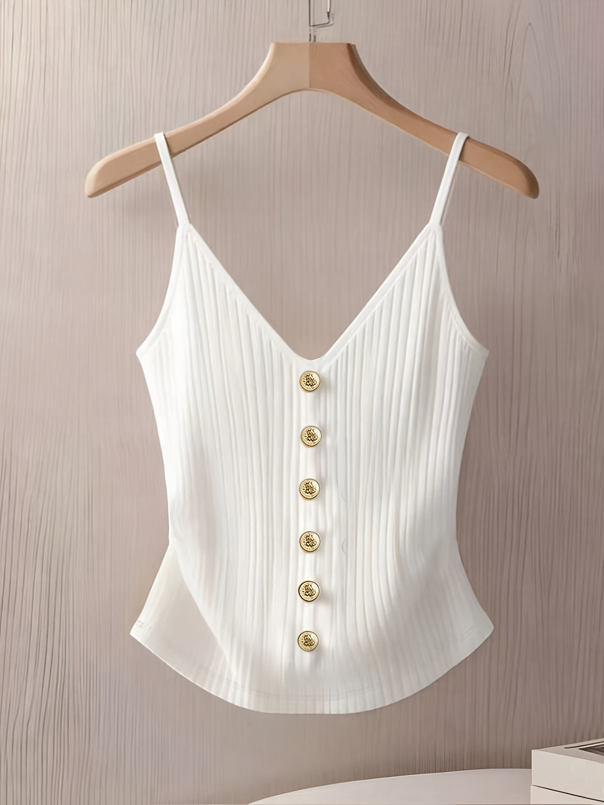 Elegant and Stylish New Summer Adult Solid Color Thin Strap V-Neck Button Decoration Waist-Cinching Slim-Fit Versatile Casual Women's Camisole ZLLZ - White
