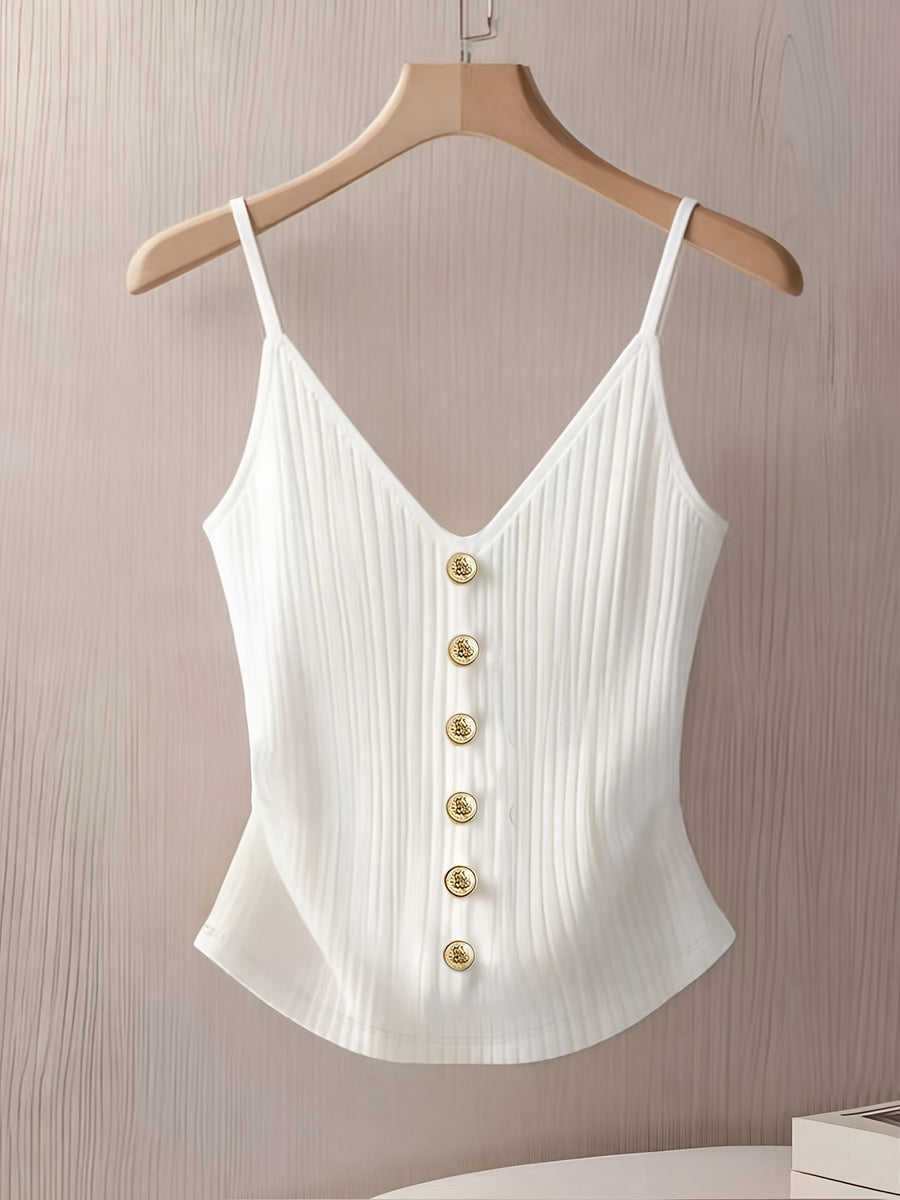 Elegant and Stylish New Summer Adult Solid Color Thin Strap V-Neck Button Decoration Waist-Cinching Slim-Fit Versatile Casual Women's Camisole ZLLZ - White