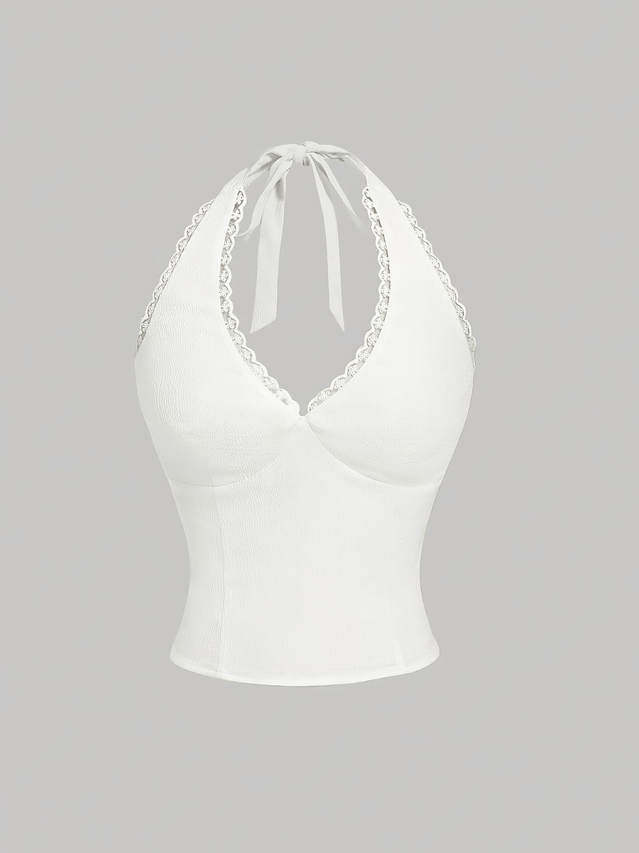 Women'S Solid Color Backless Lace-Up Slim-Fit Versatile Casual Top, Suitable for Summer, Vacation, Retro, Country Style, Going Out, Picnic And Other Occasions, Cute Yellow Top - White