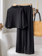 Plus Size, Plus Size - New Spring/Summer Solid Color Wrinkled Short Lapel Shirt and Elastic Waist Wide-Leg Pants 2pcs Set - Casual Loungewear Vacation Outfit - Black