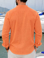 Pc of 2 Mens Plain Long Sleeve Button Shirts with Mandarin Collar & Distinct Chest Pocket, Lightweight Airy Sweat-Wicking Casual Tops, Versatile for Office Work, Holidays, Daily Outings & Home Regular Fit Spring Summer Office Work Holiday - Orange+Light Green