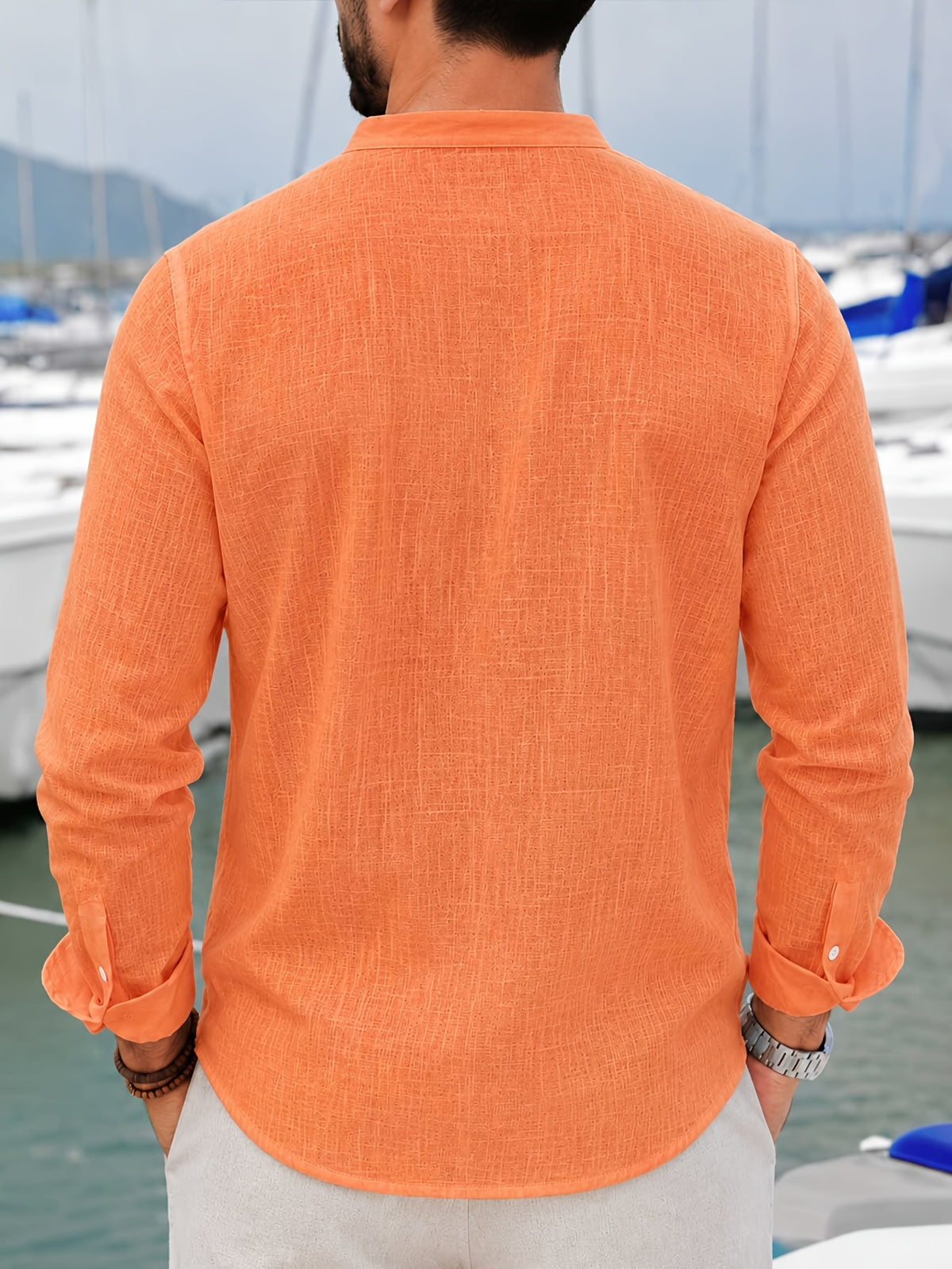 Pc of 2 Mens Plain Long Sleeve Button Shirts with Mandarin Collar & Distinct Chest Pocket, Lightweight Airy Sweat-Wicking Casual Tops, Versatile for Office Work, Holidays, Daily Outings & Home Regular Fit Spring Summer Office Work Holiday - Orange+Light Green