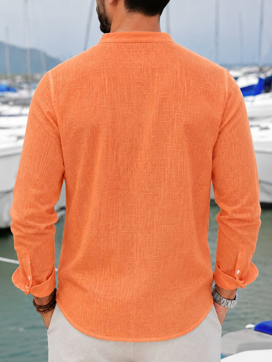 Pc of 2 Mens Plain Long Sleeve Button Shirts with Mandarin Collar & Distinct Chest Pocket, Lightweight Airy Sweat-Wicking Casual Tops, Versatile for Office Work, Holidays, Daily Outings & Home Regular Fit Spring Summer Office Work Holiday - Orange+Light Green